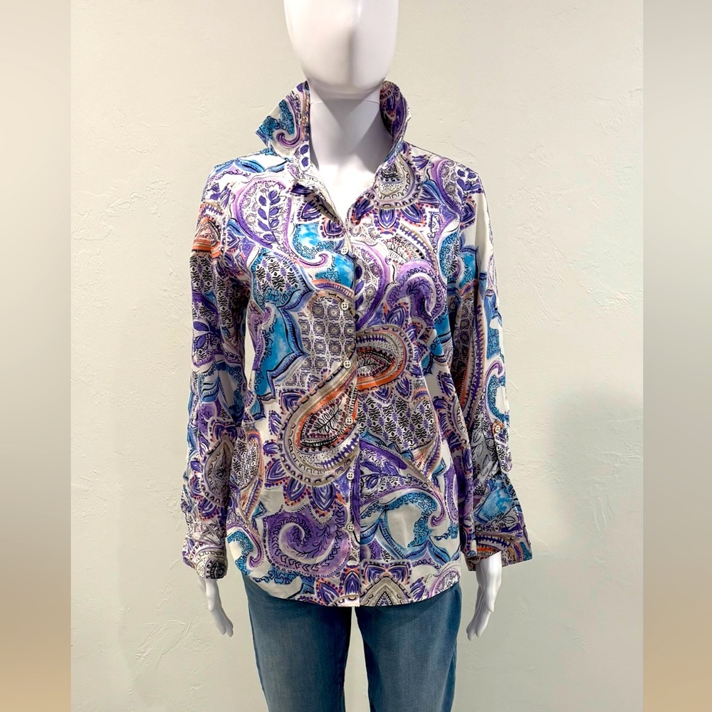 Chico’s multi colored paisley button down shirt